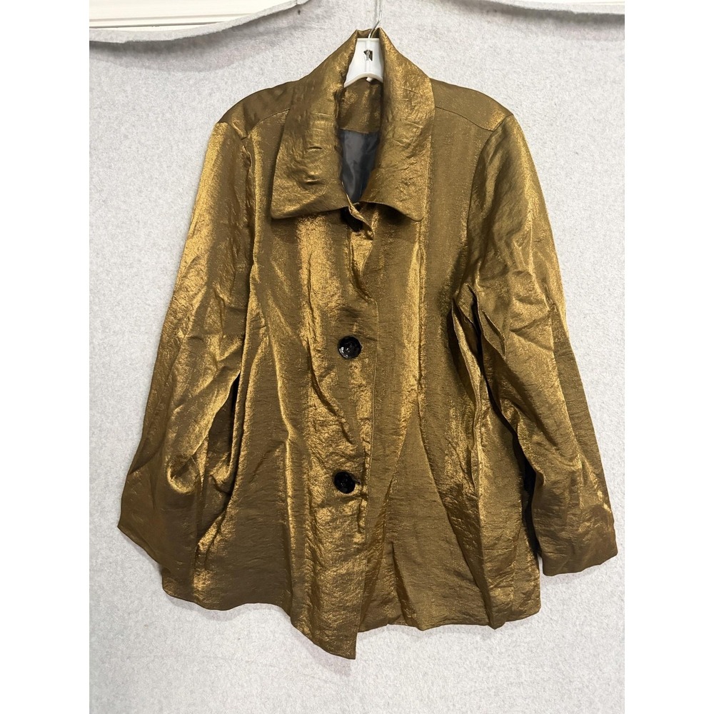 Ulla Popken Coat Womens 16/18 Gold Satin Button Front Collared Lined Evening